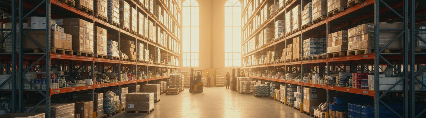 A warehouse aisle of racked pallets, a forklift working at the far end.